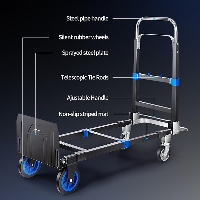 Pro 3 in 1 Aluminium Hand Truck 660lbs Capacity, Heavy Duty Convertible Hand Truck Dolly W/ 4 Rubber Wheels, Foldable Dolly Cart Collapsible Trolley for Warehouse Home Moving