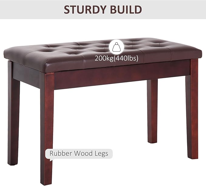 HOMCOM Piano Bench, Duet Piano Chair with Faux Leather Padded Cushion and Wooden Frame, Button Tufted Keyboard Bench, Brown