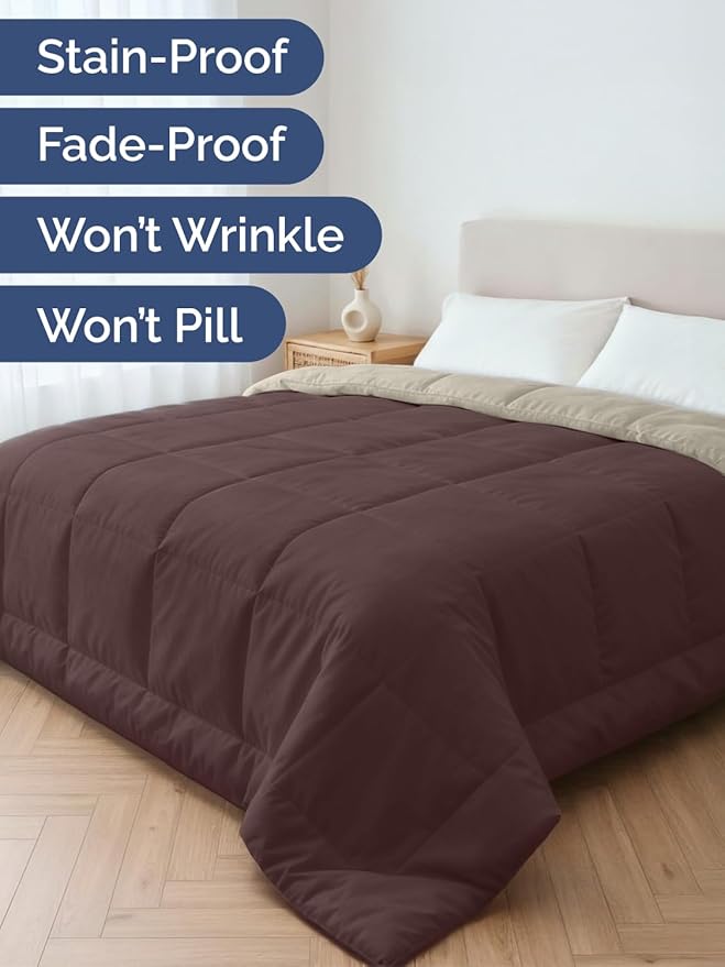 King Size, Brown & Beige Reversible Alternative Down Comforter - Warm Lightweight - Breathable Hotel Quality Bedding Set - All Season Fluffy Cozy Oversized Cooling Microfiber Duvet Insert Comforter