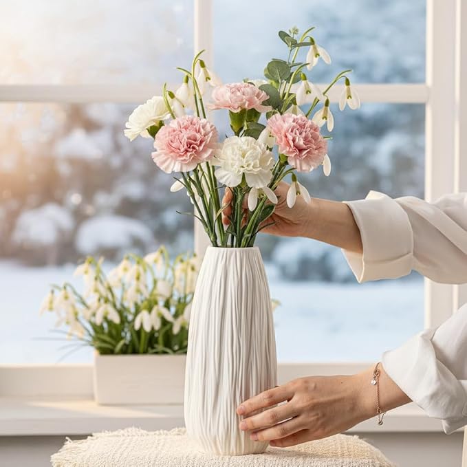 White Ceramic Vase with Woodgrain Texture & Vertical Lines - 9.3" Unique Flower Vase for Pampas Grass & Centerpieces, Farmhouse/Boho Decorative Vase for Living Room, Office Desk &Gift for Her/Yourself