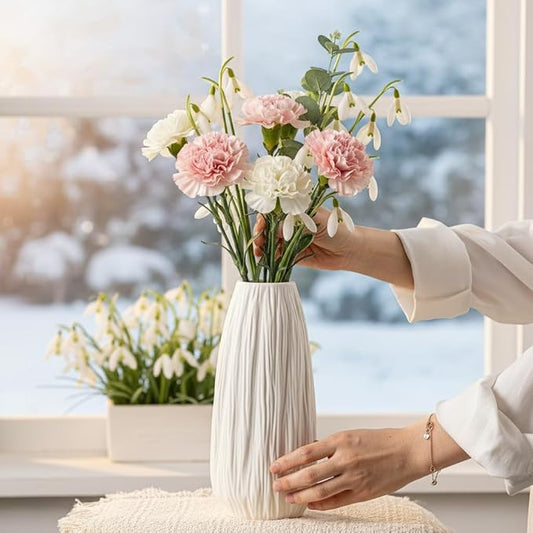 White Ceramic Vase with Woodgrain Texture & Vertical Lines - 9.3" Unique Flower Vase for Pampas Grass & Centerpieces, Farmhouse/Boho Decorative Vase for Living Room, Office Desk &Gift for Her/Yourself