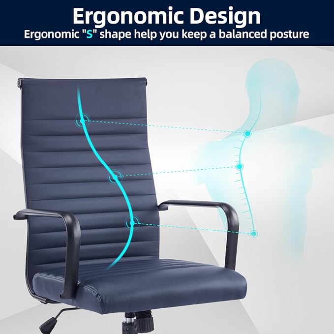 Haranuo Office Chair, Ergonomic Executive Conference Room Chairs, Ribbed Leather Desk Chair with Lumbar Support, Adjustable Height Mid-Back Swivel Chair with Padded Seat