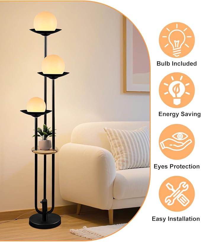 ACOHOOK 63IN Globe Floor Lamp with Table, 3-Lights Modern Dimmable Floor Lamps with 3000K Soft Warm White Bulbs for Wedding/Party, Black Tall Standing Lamp for Living Room/Bedroom