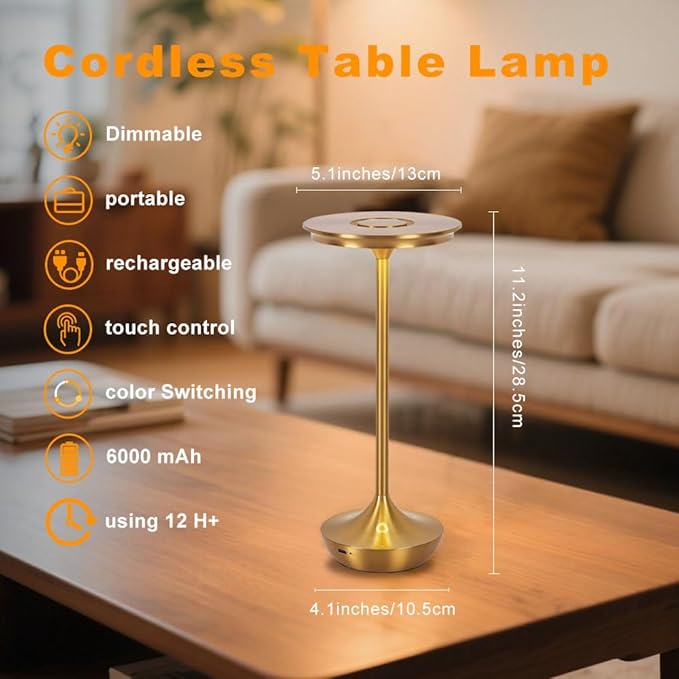 Cordless Table Lamp Set of 2,Portable Rechargeable 6000mAh Outdoor LED Table Lamps,3 Color Stepless Dimming Touch Battery Powered Lamp, Table Light for Restaurant/Patio/Camping/Bedroom(Gold)