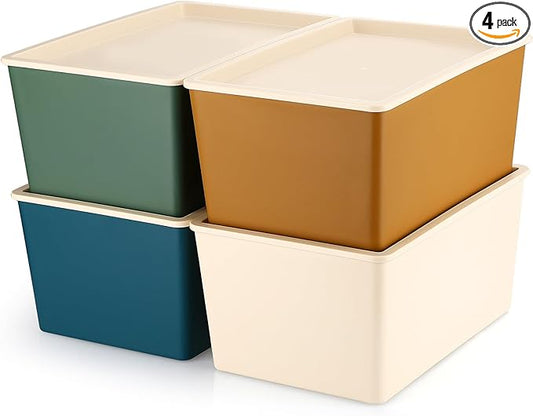 Menkxi 4 Pcs Storage Bins with Lids Plastic Stackable Containers for Organizing Shelves Christmas Ornament Box Baskets(Mixed Color,Large)