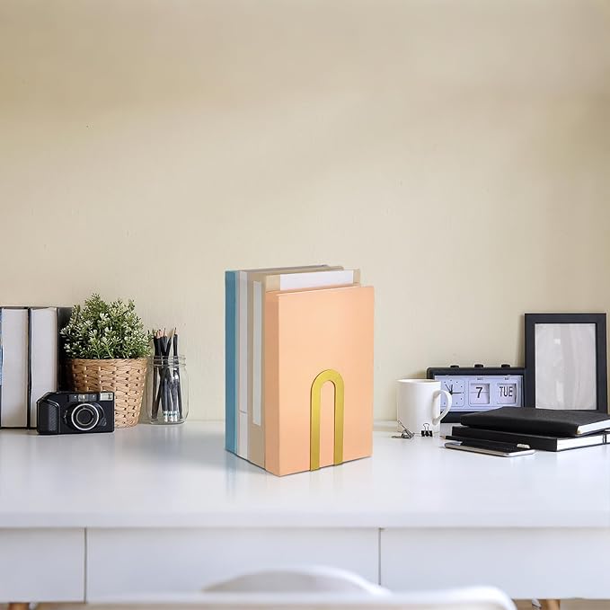 Chunful 6 Pcs Modern Metal Book Ends for Shelves Decorative Small Bookends Book Shelf Organizer Minimalist Design Stopper to Hold Books for Home Office (5.5 * 3.75 * 2.25inch,Gold)