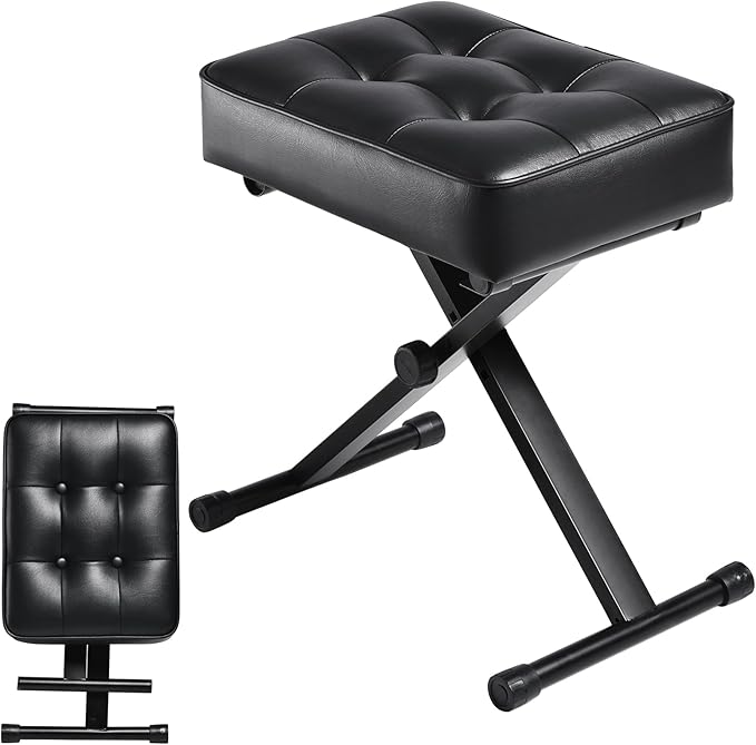 Adjustable Piano Bench Keyboard Bench - Foldable Keyboard Stool with Non-Slip Feet,3-Level Height Suitable for Adults&Kids,Classic Button Design,Premium PU Leather Cushion, Portable Piano Seat (Black)