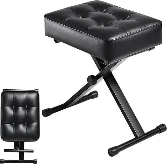 Adjustable Piano Bench Keyboard Bench - Foldable Keyboard Stool with Non-Slip Feet,3-Level Height Suitable for Adults&Kids,Classic Button Design,Premium PU Leather Cushion, Portable Piano Seat (Black)