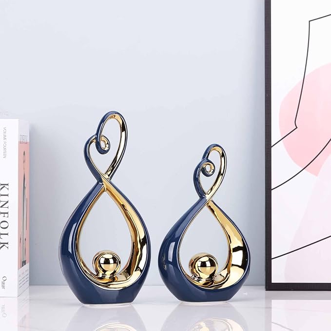 DOVDOV Navy Blue Decorations, Ceramic Abstract Sculpture 2 Piece Set, Still and Gold Decorative Statues, Gorgeous Home Decor for Office, Room, Shelf, Coffee Table and Desktop Decor Aesthetics.