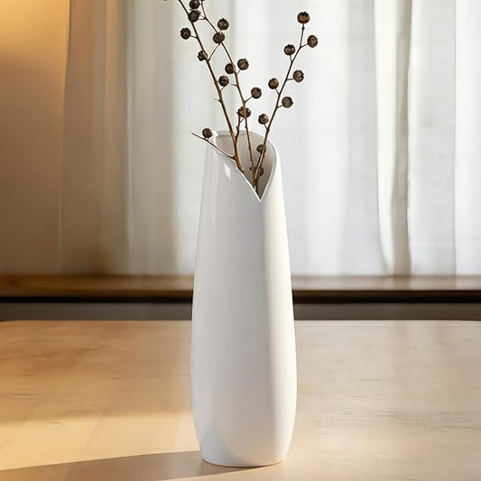 12Inch Tall White Ceramic Flower Vases,Home Decor Vase for Pampas Grass,Modern Textured Vases for Living Room Decorations,Shelf,Table Centerpieces,Farmhouse Small Ceramic Vase