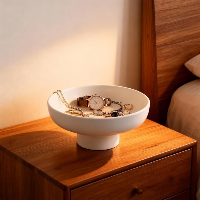 Matte White Pedestal Bowl, 9.85in Resin Decorative Centerpiece for Coffee Table, Dining Table & Entryway, Modern Fruit Bowl, Key Catchall for Home Decor