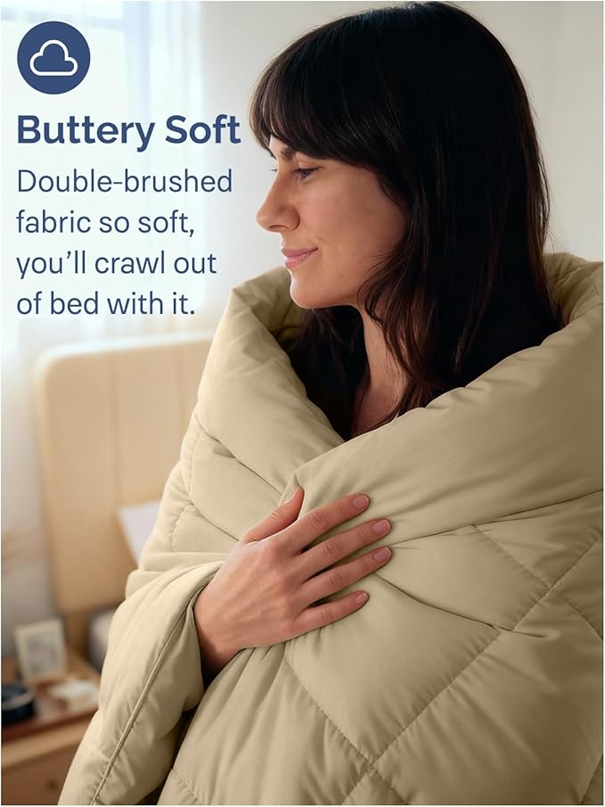 Queen Size, Beige Alternative Down Comforter - Warm and Lightweight - Luxury and Breathable Hotel Quality Bedding Set - All Season Fluffy and Cozy Oversized Cooling Microfiber Duvet Insert Comforter