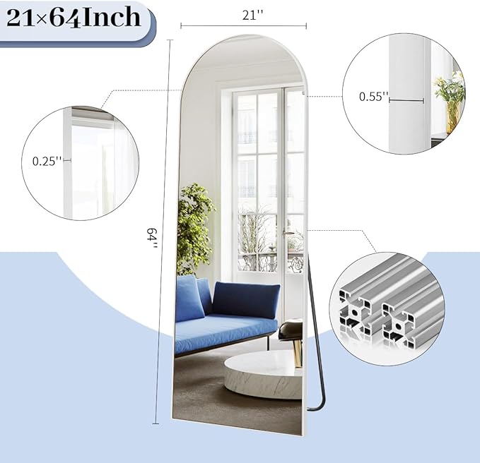BEAUTYPEAK 64"x21" Full Length Mirror, Arch Full Body Floor Mirror, Wall Mirrors Hanging or Leaning Arched-Top with Stand for Bedroom, Dressing Room, Living Room, Silver