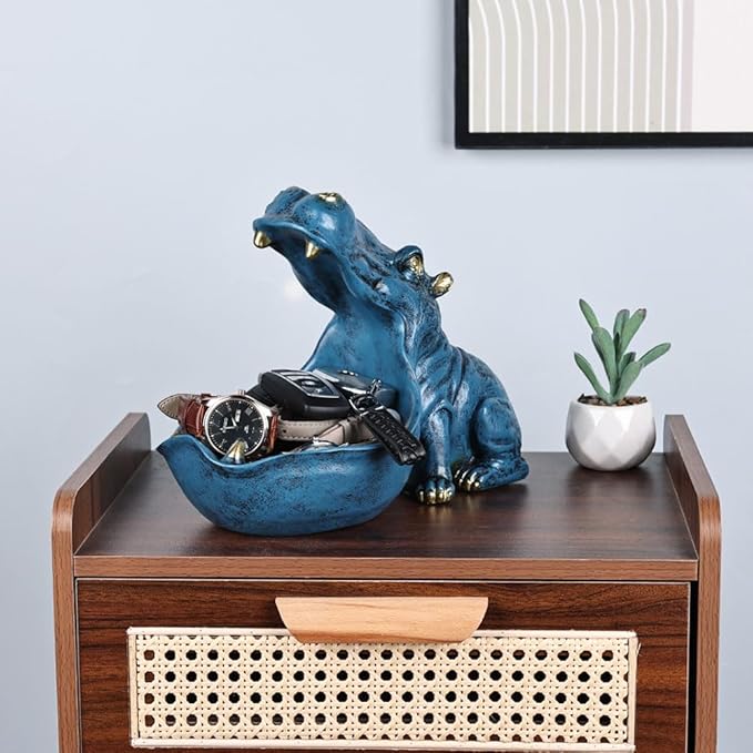 Hippo Figurine Candy Dish & Key Bowl - Unique Resin Hippopotamus Statue for Office Desk & Entry Table Decor - Multifunctional Sundries Container, Jewelry Stand, and Wallet Holder - Cute Hippo Gifts