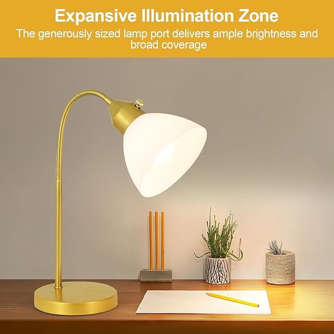 LED Desk Lamp for Home Office, 3 Levels Dimmable Reading Light, Flexible Table Lamp for Bedside Office, Rotary Switch Control, Desk Lamp for College Dorm Study Lamp, Bulb Included, Gold