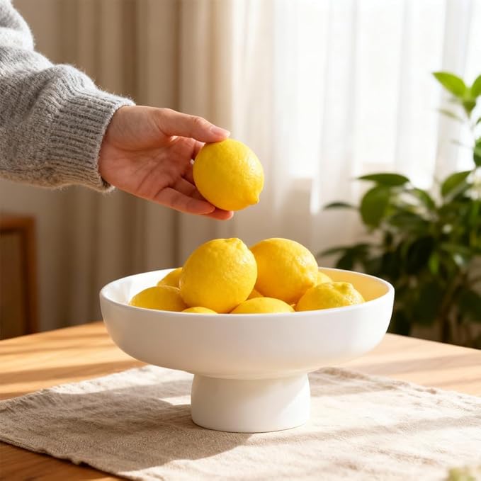 Matte White Pedestal Bowl, 9.85in Resin Decorative Centerpiece for Coffee Table, Dining Table & Entryway, Modern Fruit Bowl, Key Catchall for Home Decor