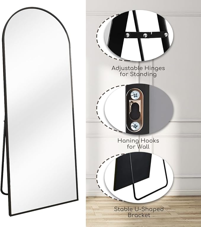 Arched Floor Mirror, 58 "x 18" Full Length Mirror Wall Mirrors Hanging or Leaning Arched-Top Full Body Mirrors with Stand for Bedroom, Dressing Room, Black