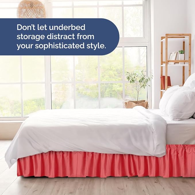 Wrap Around Dust Ruffle Bed Skirt - Red - for Queen Size Beds with 24 Inch Drop - Easy Fit Elastic Strap - Adjustable Pleated Bedskirt w/Brushed Fabric - Wrinkle Free - for Women, Men, Kids & Teens