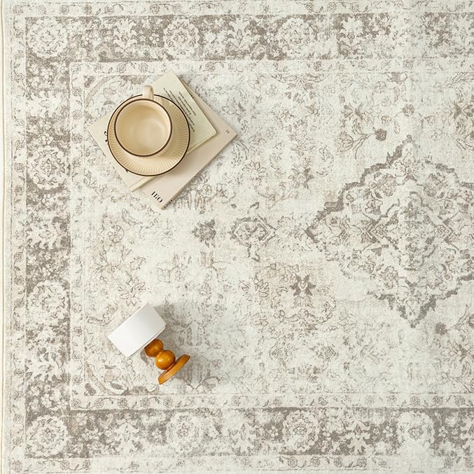 PureCozy 2x3 Area Rug Beige Washable Entryway Door Mat Carpet Vintage Distressed Small Non Slip Low Pile Thin Kitchen Entrance Medallion Accent Throw Rug Bedroom Office Living Room Bathroom