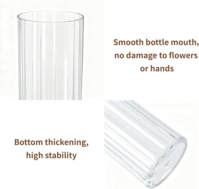 Flower Vase, Non-breakable Vase for Flower, Ribbed Acrylic Vase, 4"W x 12"H Tall Clear Cylinder Vases for Centerpieces, Living Room, Dining Table, Office, Bookshelf Decoration Housewarming Gift