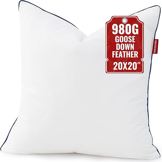ROSE FEATHER Down Pillow Inserts 20x20, 100% Goose Down Feather Throw Pillows Inserts - Ultra Plush, Decorative Pillow Insert with Soft Cotton Cover for Couch, Sofa, Bed, Living Room (Pack of 1)