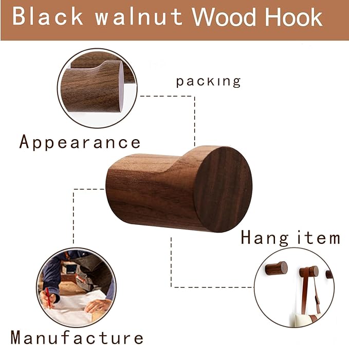 Wood Wall Hooks 6 Pack Natural Wooden Coat Hooks Handmade Rustic Hat Hooks Heavy Duty Entryway Wall Hangers for Hanging Towels, Clothes Bag (Walnut Wood