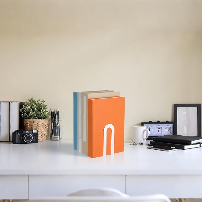 Chunful 6 Pcs Modern Metal Book Ends for Shelves Decorative Small Bookends Book Shelf Organizer Minimalist Design Stopper to Hold Books for Home Office (5.5 * 3.75 * 2.25inch,White)