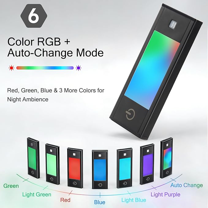 V4light RGB Motion Sensor Night Light, 6-Color Rechargeable Stair Lights, Magnetic Stick-On LED Bookshelf Light with Auto-Off, Touch Control, for Hallway, Stairs, Display Cabinet (3-Pack)