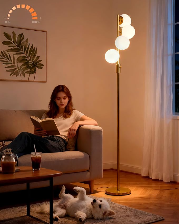 Lightdot 64IN Dimmable (Brightness Adjustable) Globe Floor Lamp, Modern Gold Standing Lamps with 4PCS 3000K G9 Bulbs Soft Warm White Eye Care, Mid Century Floor Lamp for Living Room Bedroom