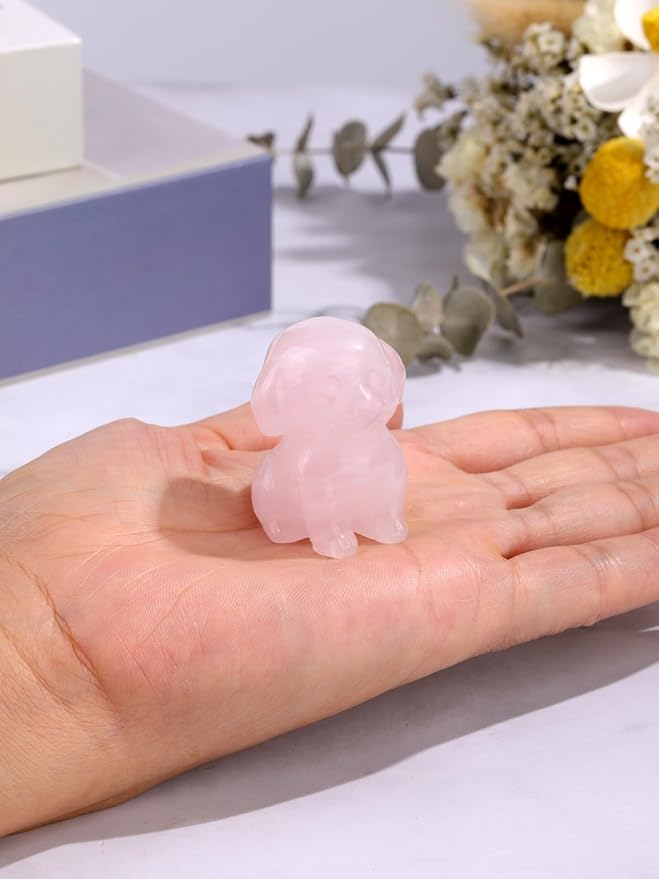 Jovivi Natural Rose Quartz Crystal Sitting Dog Statue Home Decor 1.6" Carved Gemstone Puppy Dog Figurines Pocket Sculpture Reiki Healing Stones Decorative Ornament Gift