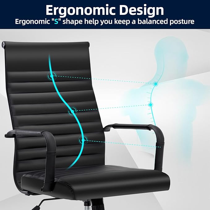 Haranuo Conference Room Chairs, Ergonomic Executive Office Chair, Ribbed Leather Desk Chair with Lumbar Support, Adjustable Height Mid-Back Swivel Chair with Padded Seat