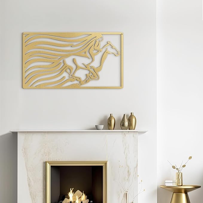 SIGNLEADER Metal Wall Art Decor A Man Riding Horse Minimalist Modern Abstract Wall Sculpture Hangings Home Decoration for Living Room, Bedroom, Bathroom, Kitchen, Outdoor - 18" Gold