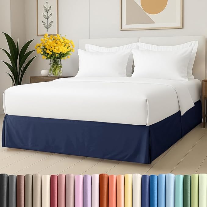 Pleated Bed Skirt Queen Size - 3 Sided Pleated Bed Skirt Queen - Ultra-Soft, Easy Fit with 15 Inch Tailored Drop - Hotel Quality, Wrinkle Free & Fade Resistant - for Women, Men, Kids and Teens - Navy