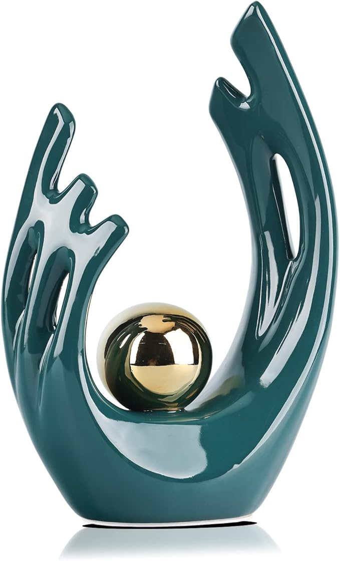 LCCCK 9.5" H Teal Gold Aesthetic Room Decor Accent, TV Stand Funky Table Centerpiece, Abstract Art Ceramic Statue and Sculpture, Teal Decor for Living Room, Bookshelf Decorative Objects, Shelf Decor
