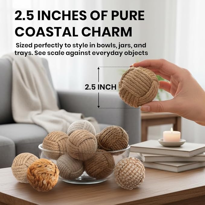 5pc Nautical Rope Balls – 2.5 Inch Each – Handmade Jute and Cotton Decorative Knots – for Rustic Tray Fillers, Wedding Centerpieces, Beach House or Living Room Decor Display
