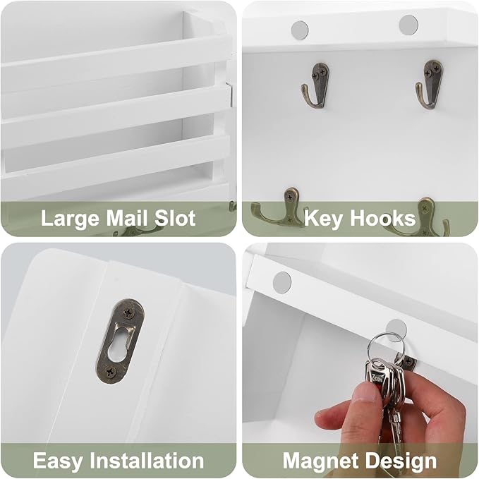 Decorative Key Hanging Rack with 10 Hooks – Easy Install Natural Wooden Key and Mail Holder for Wall Mount – Entryway Decor Rack with Shelf (White)