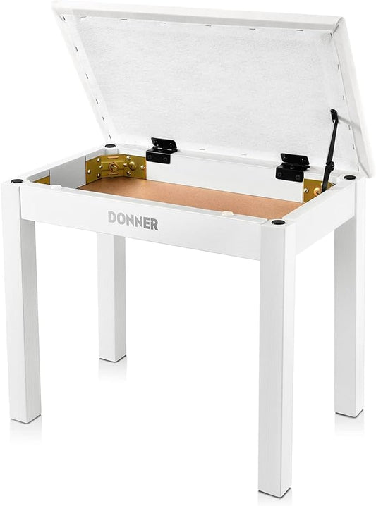 Donner Piano Bench with Storage, Solid Wood Keyboard Bench Piano Bookcase Stool Chair Seat with High-Density Suede Cushion, White