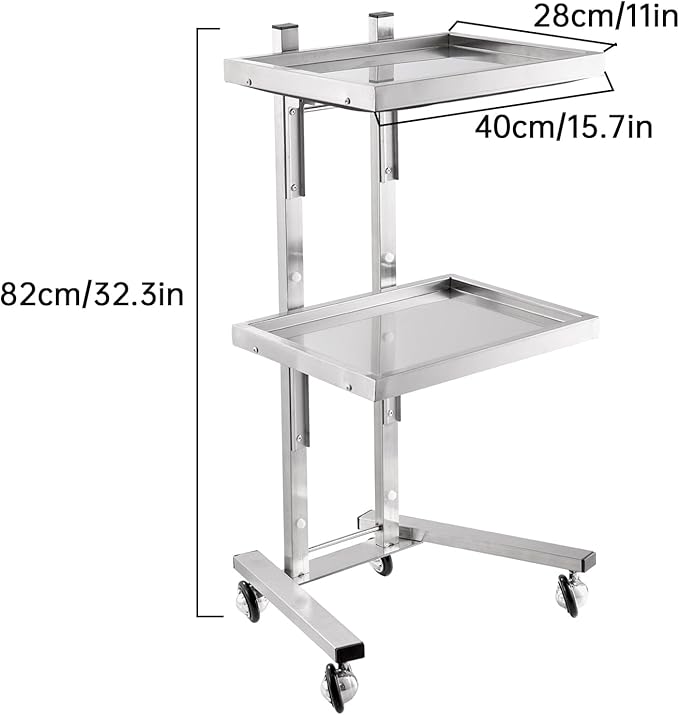 2-Tray Metal Rolling Cart, Stainless Steel Salon Tray Trolley, Foldable Utility Carts Quiet Lockable Wheels, Salon Trolley for Beauty Spa Esthetician dentals Tools, Cavitation Machine, Silver