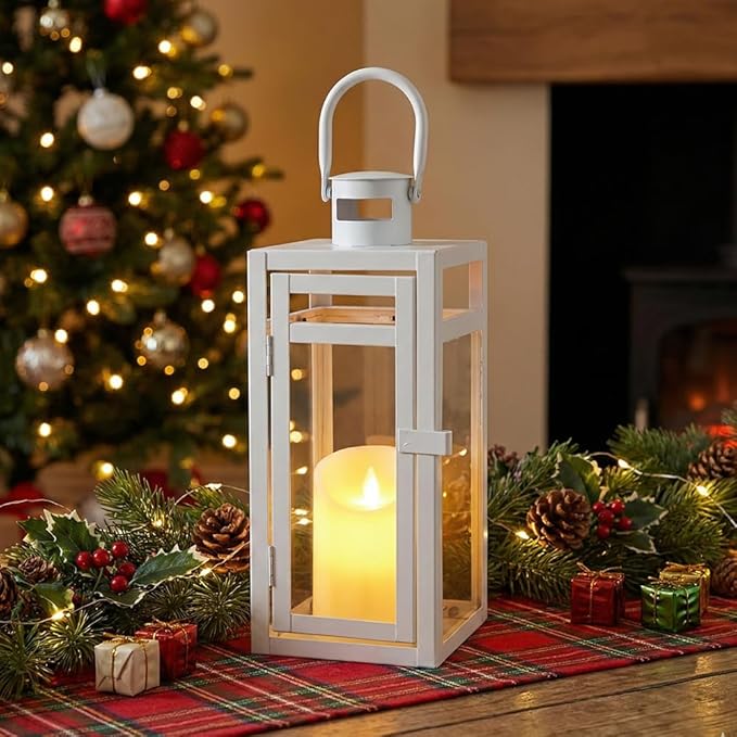 TRIROCKS Stainless Steel Decorative Lantern 12'' High Metal Candle Holder with Clear Glass Panels Perfect for Home Decor Living Room Parties Events Tabletop Indoor Outdoor (White)