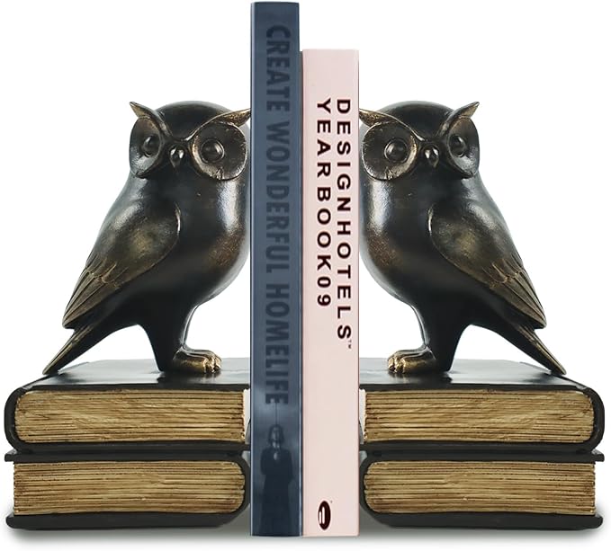 Dosker Book Ends for Shelves,Retro Owl Decorative Bookends,Cute Animal Book Holders for Kids Rooms,Offices and Bedrooms(Black)