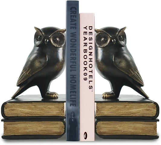 Dosker Book Ends for Shelves,Retro Owl Decorative Bookends,Cute Animal Book Holders for Kids Rooms,Offices and Bedrooms(Black)