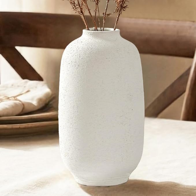 White Ceramic Vase, Textured Rustic Farmhouse Decorative Vase for Centerpieces, 10.8" Off-White Large Flower Vase for Home Decor