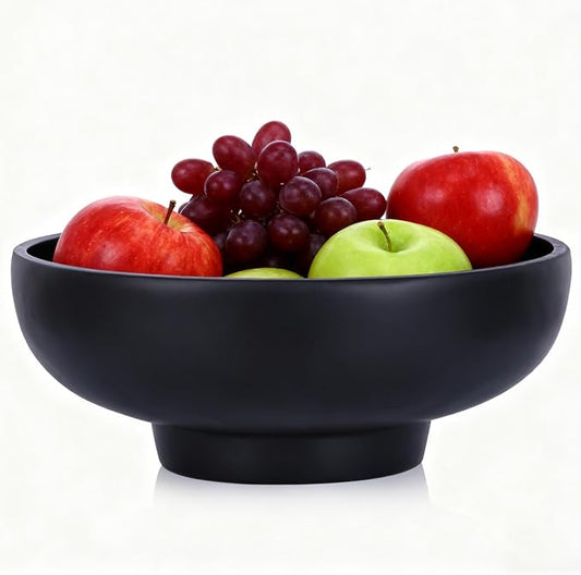 Black Decorative Pedestal Bowl 10.8in, Food Safe Resin Fruit Bowl for Kitchen Counter, Modern Centerpiece Dish for Coffee Table Dining Table, Entryway Key Catchall, Matte Finish