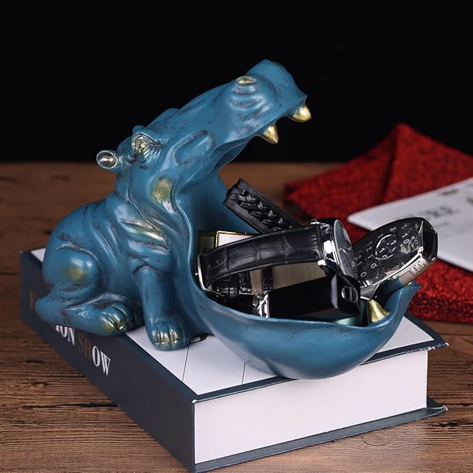 Hippo Figurine Candy Dish & Key Bowl - Unique Resin Hippopotamus Statue for Office Desk & Entry Table Decor - Multifunctional Sundries Container, Jewelry Stand, and Wallet Holder - Cute Hippo Gifts