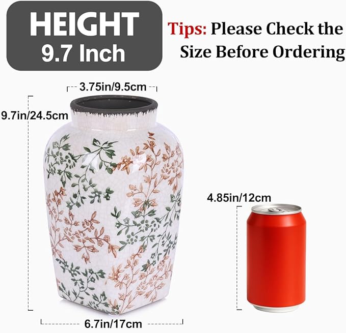 Green and White Vintage Vase - 9.7 Inchs Chinoiserie Decor Crackle Finish Floral Vase, Rustic Farmhouse Decorative Vases for Table, Living Room, Bathroom, Shelf Decor, Mantel, Centerpieces