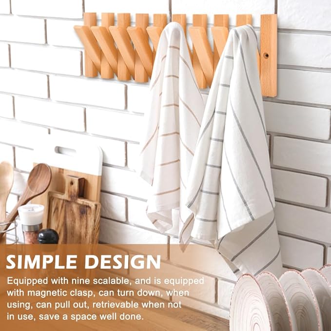 Coat Rack Wall Mount with Key Holder,Coats Racks Hanger with 9 Retractable Hangers, Piano Coa t Rac k for Hanging Coats Keys Hats Towels Bags, Space-Saving Entryway Coat Rack