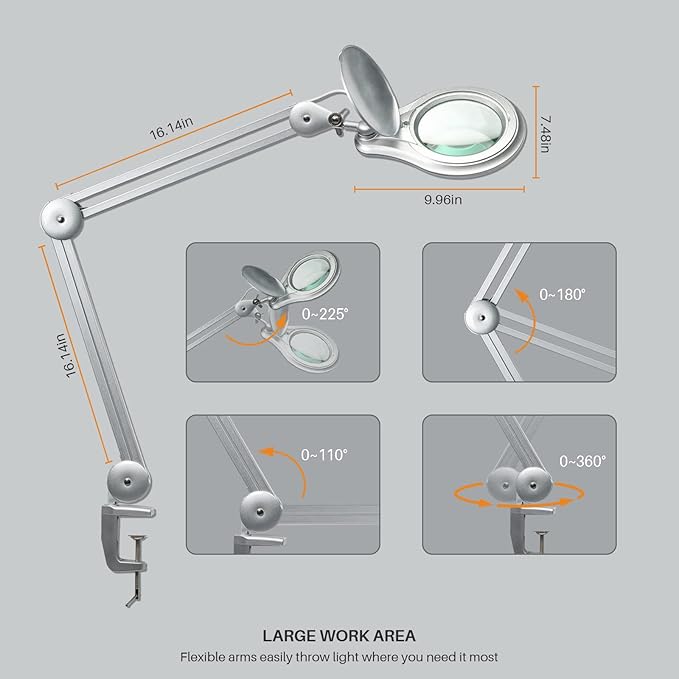 Bemelux LED Magnifying Lamp with Clamp, 5 Inch Magnifier Glass Lens, Metal Swing Arm Dimming 1200 Lumens Lighted Magnifying Desk Lamp for Crafts, Bright 60PCS LEDs - 2.25X Magnification(Silver)