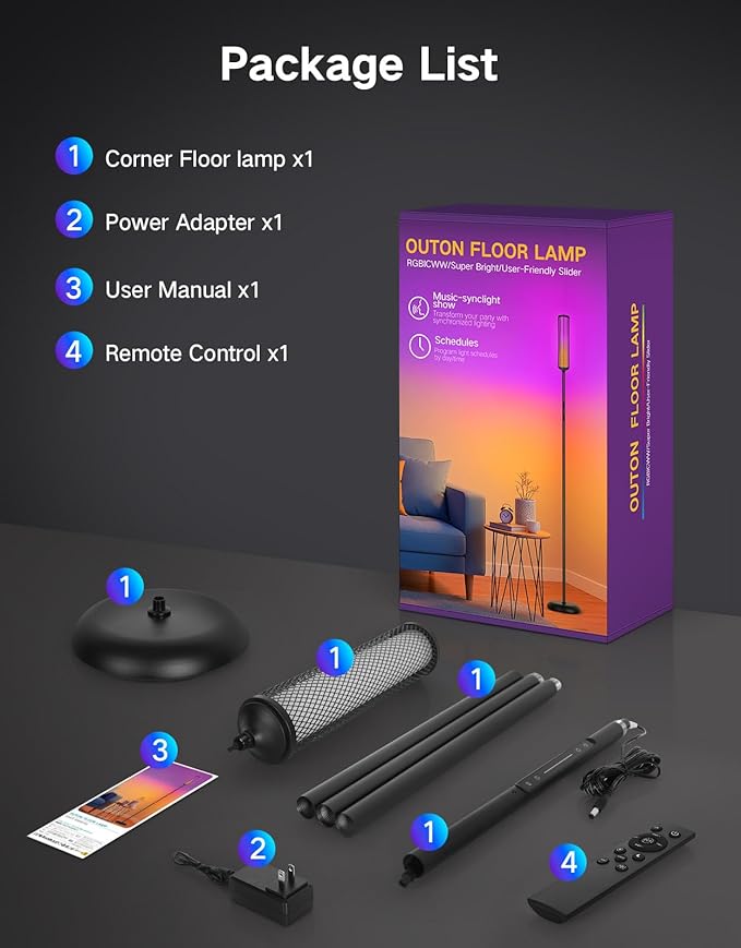 OUTON LED Floor Lamp with Remote & APP Control, Tall Standing Lamp, 16 Million Colors, 32 Scene Modes & Music Sync, Modern Corner Lamps for Living Room, Bedroom, Gaming, Black & Metal Lampshade