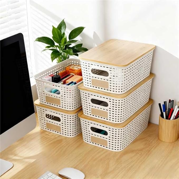 Plastic Storage Bins with Bamboo Lid - Stackable Pantry Storage Organizer with Lid - Storage Basket with Lable for Organizing: Small Storage Box for Shelves Cabinet Office Drawer Desktop 10x7x4in 6Pcs