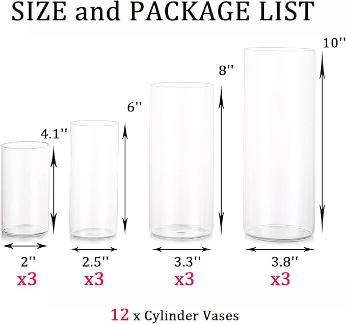Cylinder Vase Bulk Clear Esmiome - Cylinder Vases for Centerpieces 3 Sets (12Pcs) Hurricane Floating Candle Holder, Glass Vases for Flowers, Decorative Centerpiece for Wedding, 4''+6''+8''+10''(High)